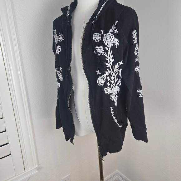 Seventh Avenue Black Embroidered Hoodie L Full Zip Whimsigoth Floral Cotton - Picture 7 of 10